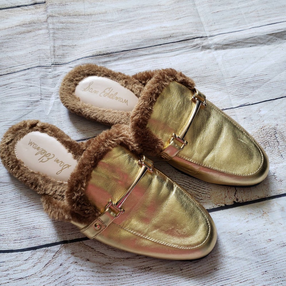 SAM EDELMAN Danica Gold Fuzzy Slip On Mules 7.5